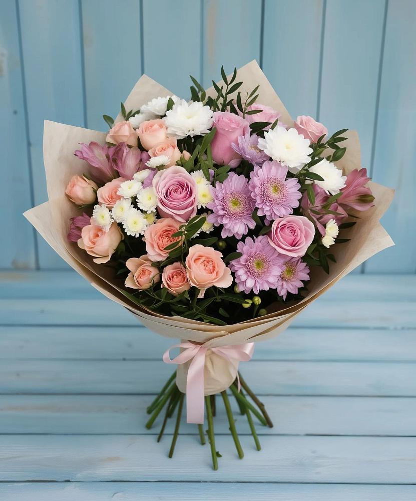 Букет цветов из: Хризантемы, Розы и Альстромерии в Барсуковской