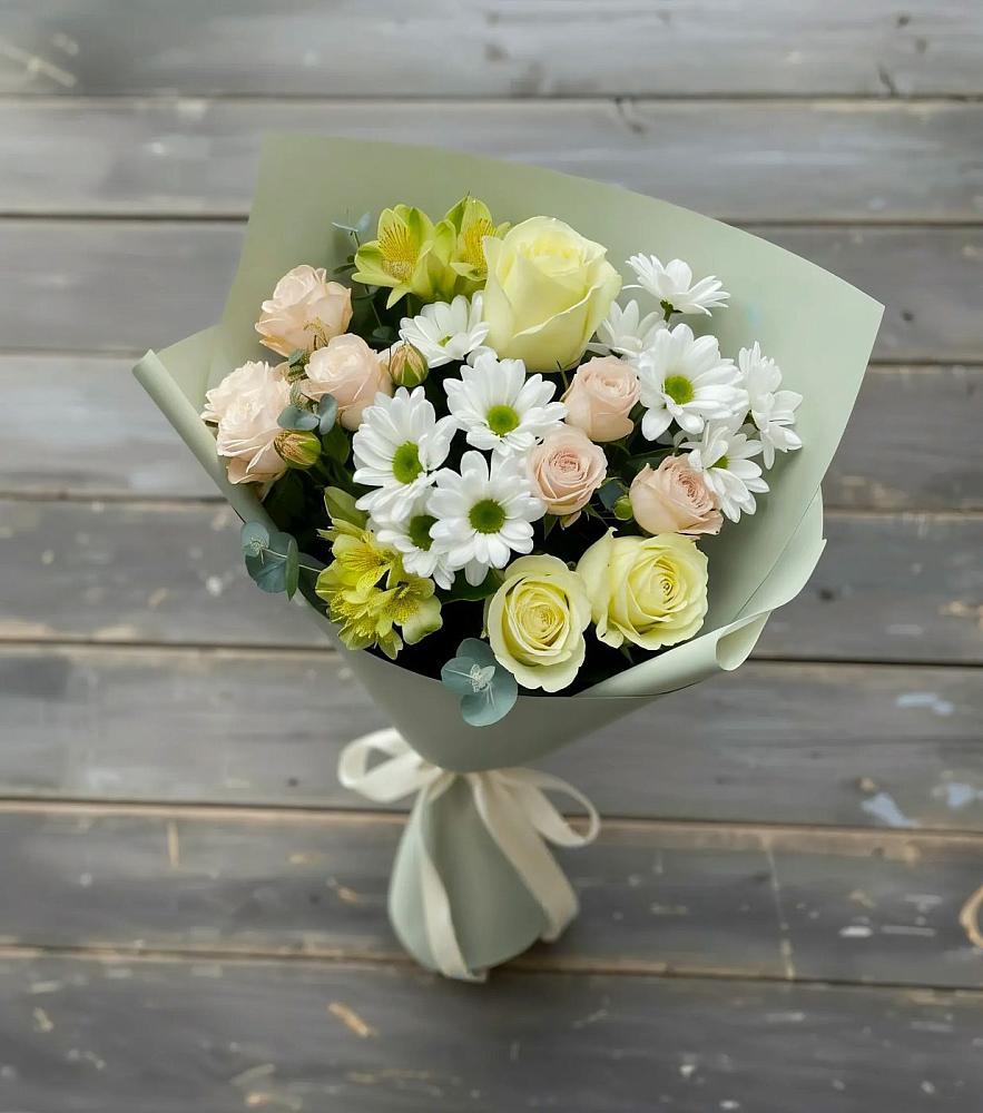 Букет цветов из: Альстромерии, Розы и Хризантемы в Барсуковской