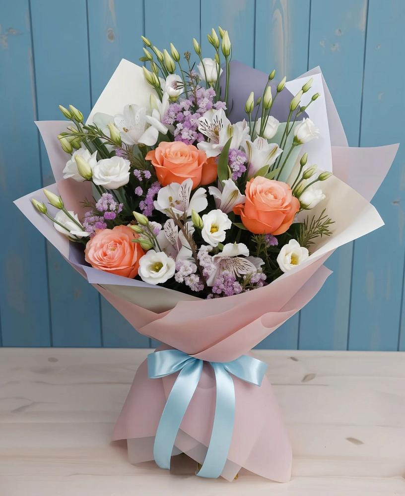 Букет цветов из: Лизиантусы, Розы, Альстромерии и Гипсофила в Барсуковской