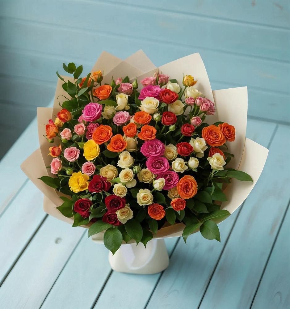Букет Микс из разноцветных кустовых роз в Барсуковской