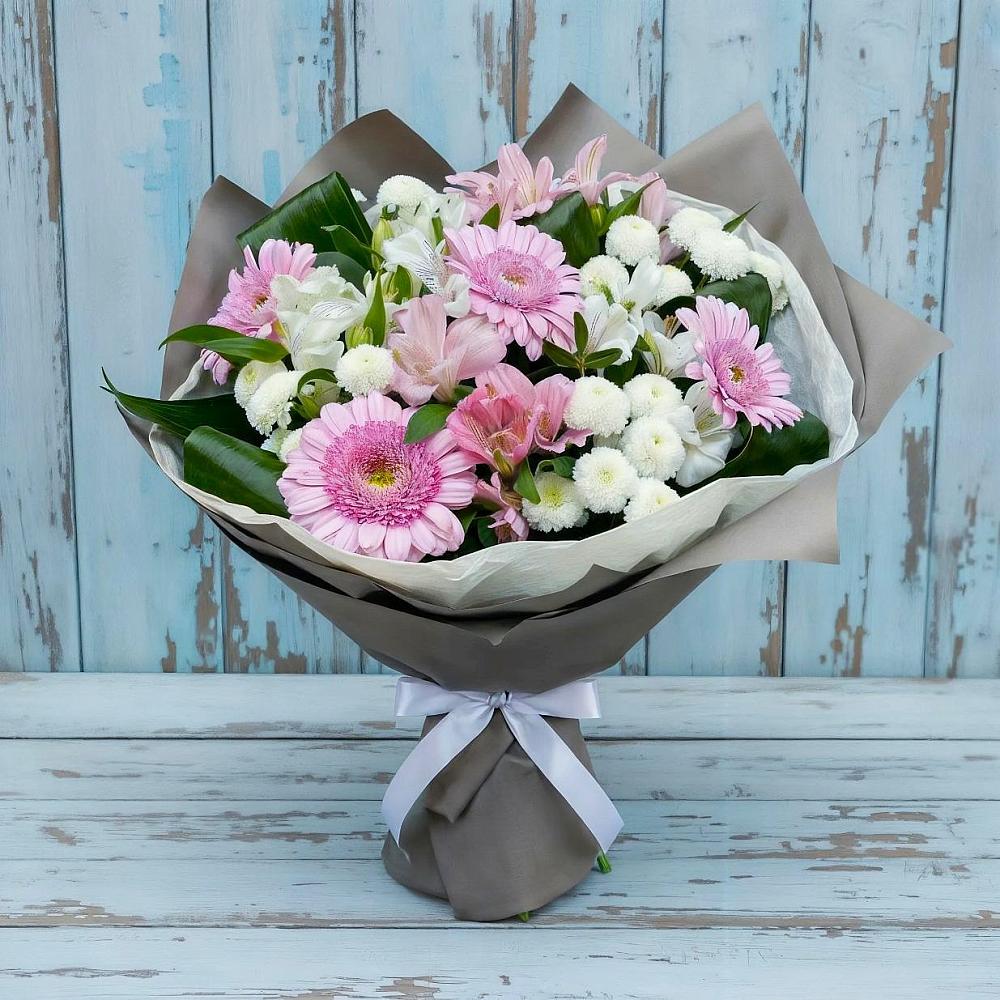 Букет цветов из: Герберы, Альстромерии и Хризантемы в Барсуковской