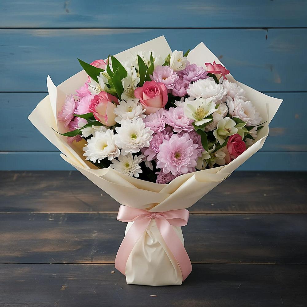 Букет цветов из: Хризантемы, Альстромерии и Розы в Барсуковской